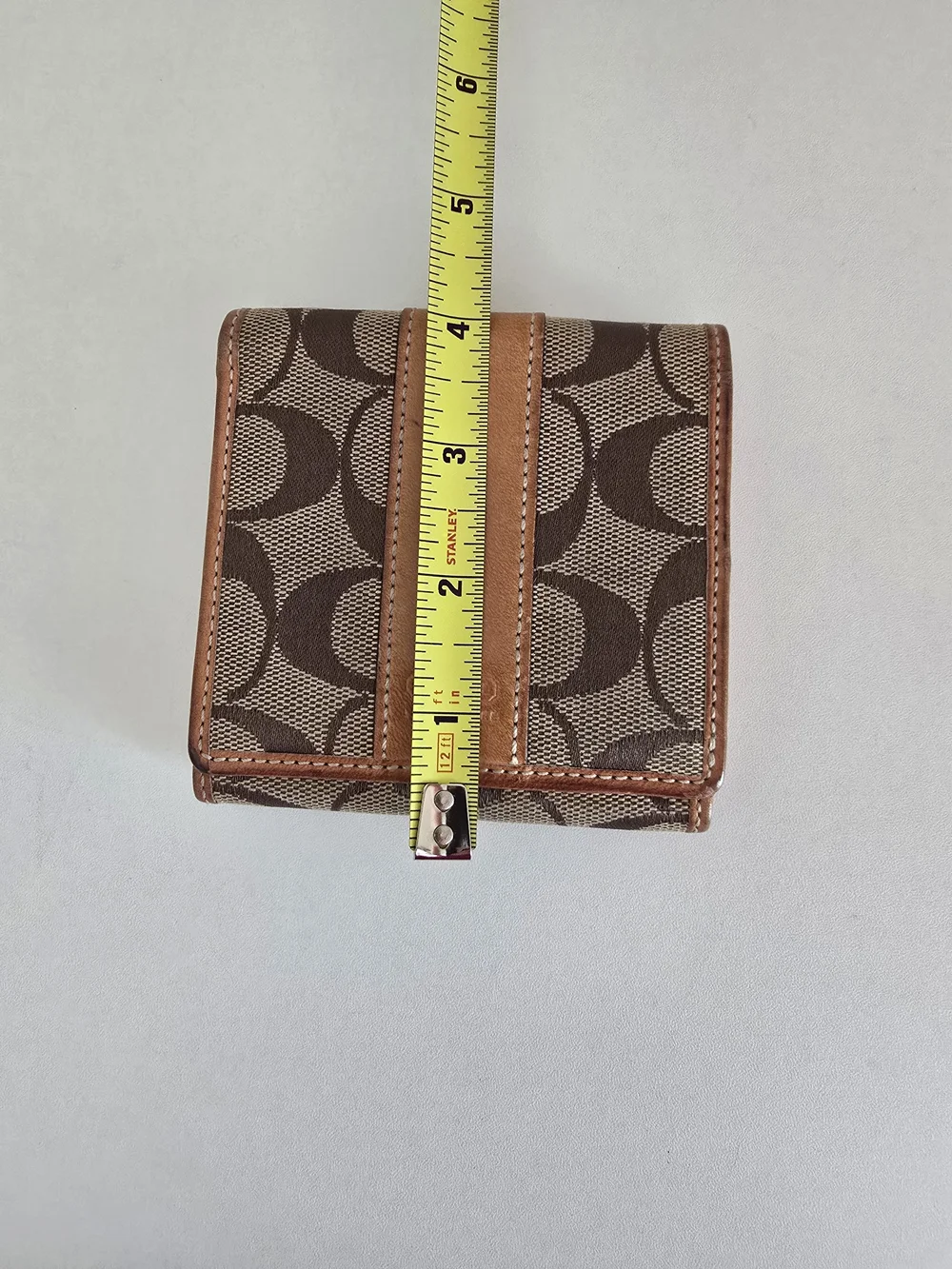 Coach Brown Signature Canvas Trifold Wallet with Tan Leather Trim